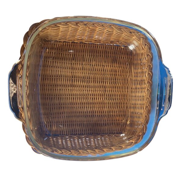 Glass Baking Dish With Wicker Basket Vintage Fire-King Clear 8"x8"x3" USA 1960's - Picture 1 of 12